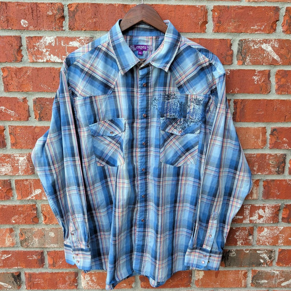Empra Western Shirt Mens XL Blue Plaid Graphic Wing Cross Pearl Snap Long Sleeve